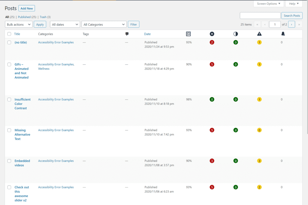 all posts screen in wordpress showing the addition of 5 admin columns for accessibility checker results on all posts