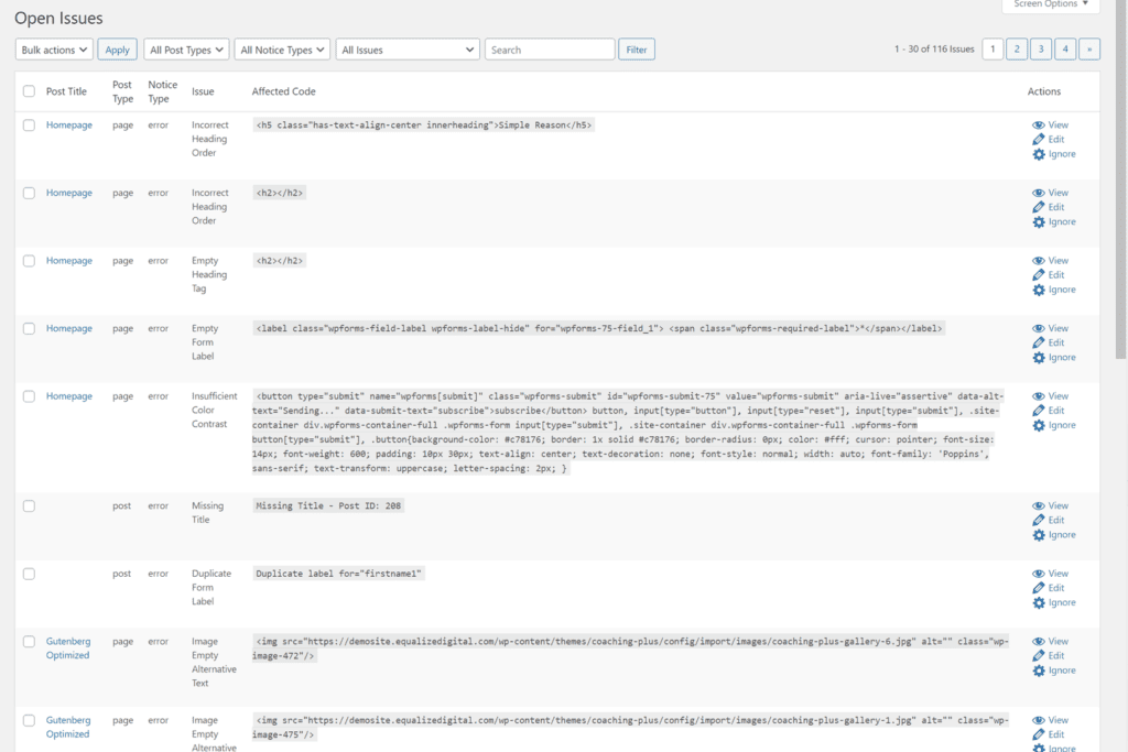 table showing all errors and warnding from every page throughout the site - can be searched/filtered